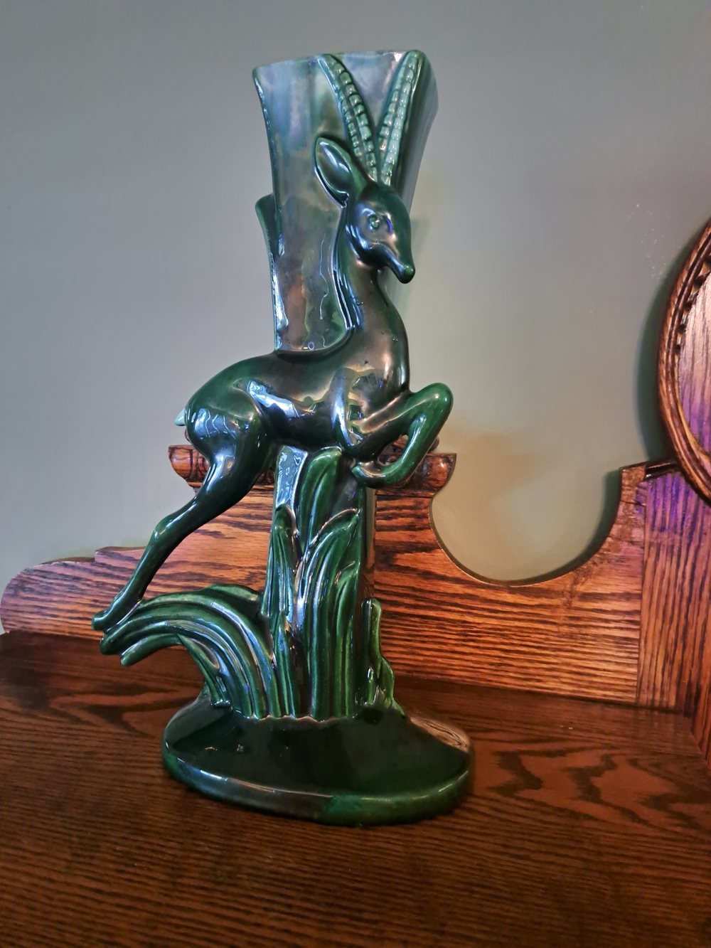 Vintage MCM Royal Haeger R706 Green Gazelle Antelope Deer Tall Vase 14"